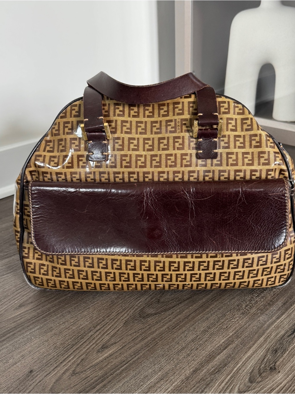 Fendi Monogram Zucca Dome PVC Covered Brown Leather Shoulder Bag Hand Bag Travel